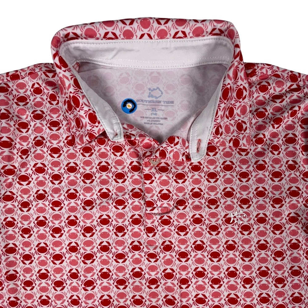 Southern Tide Polo Shirt Boys XL 16 Red Pink Crab Print Performance Short Sleeve